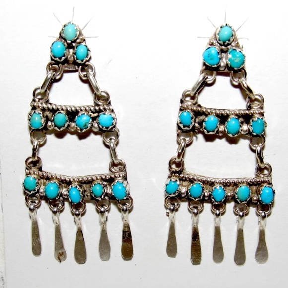Zuni Turquoise Dangle Earrings Sterling Silver Milburn Dishta Native American